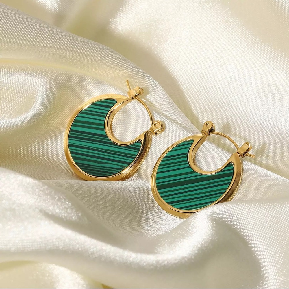 Stainless Steel Retro Moon Malachite Earrings - Picture 2 of 10